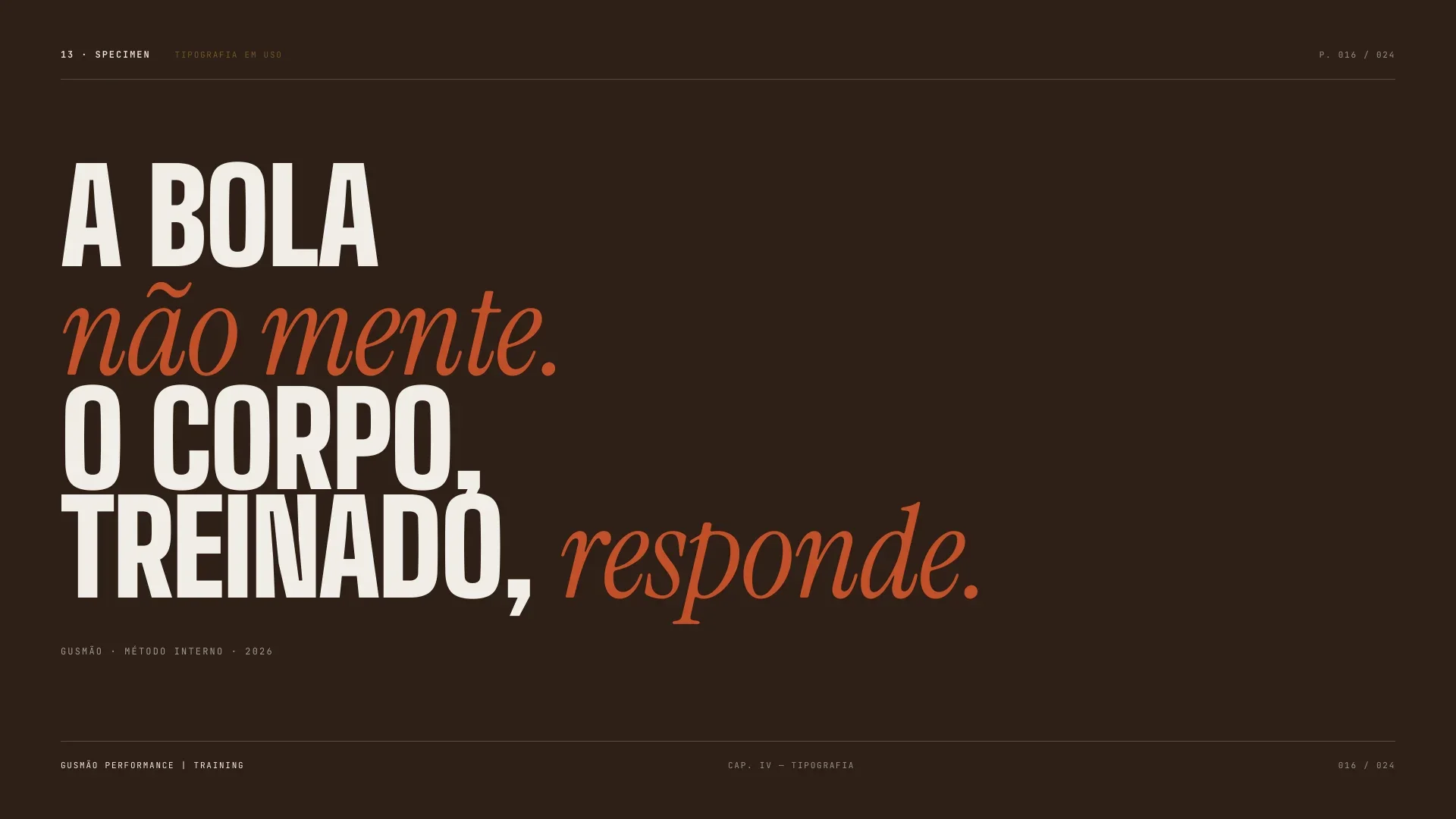 Cuatro roles tipográficos: un display condensado para la fuerza, una serif para el matiz, una sans para la lectura y una mono para los datos.