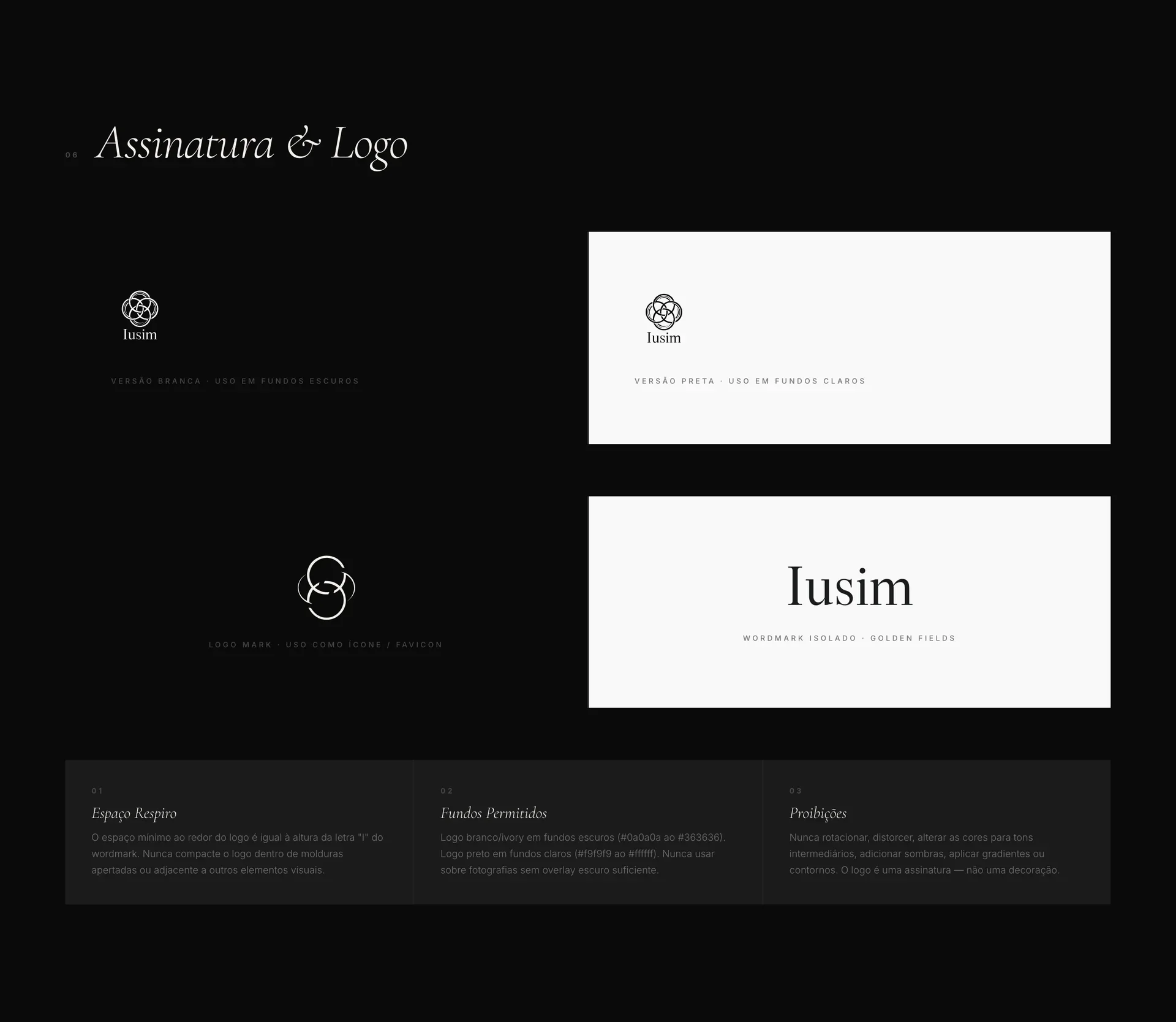 Firma y logo: versiones clara y oscura, el símbolo solo y el logotipo aislado.