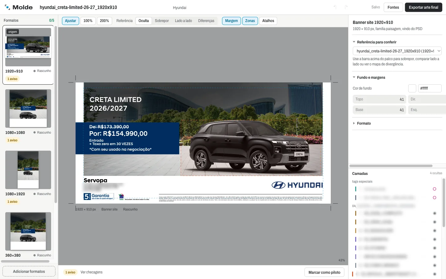 Molde editor: a format rail with live thumbnails and per-format checks, a proofing stage with safe margins and zones, and an inspector. Dealer address and layer names are blurred.