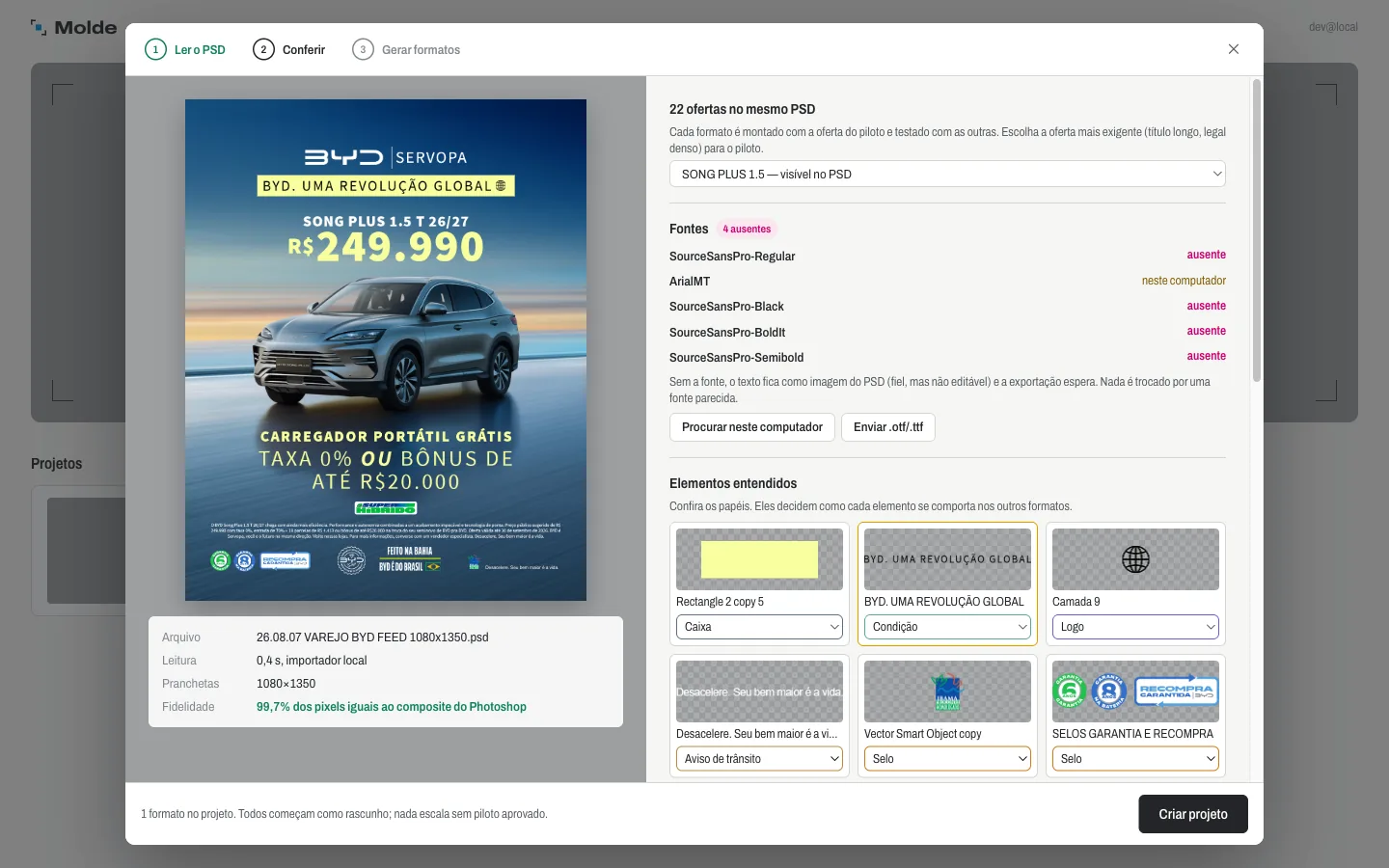 Import check (read, check, generate formats): fidelity score against the Photoshop composite, a missing-font guardrail, and elements mapped to roles.