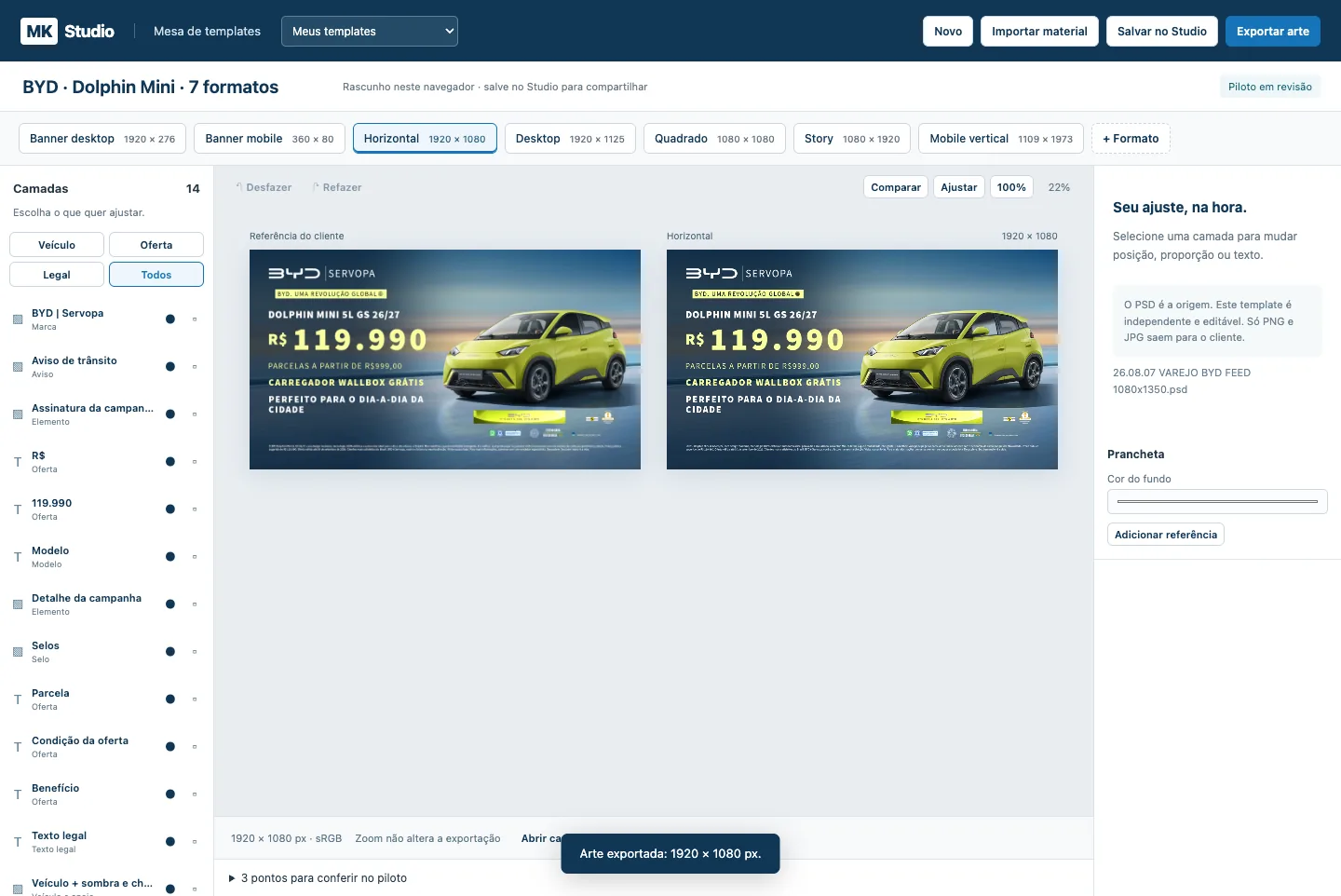 Template desk: the client reference and the generated format side by side, with all seven formats as tabs.
