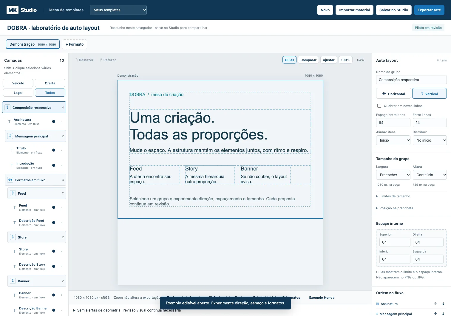 Auto-layout lab: Figma-style direction, gap, padding and hug/fill on a synthetic demo document.